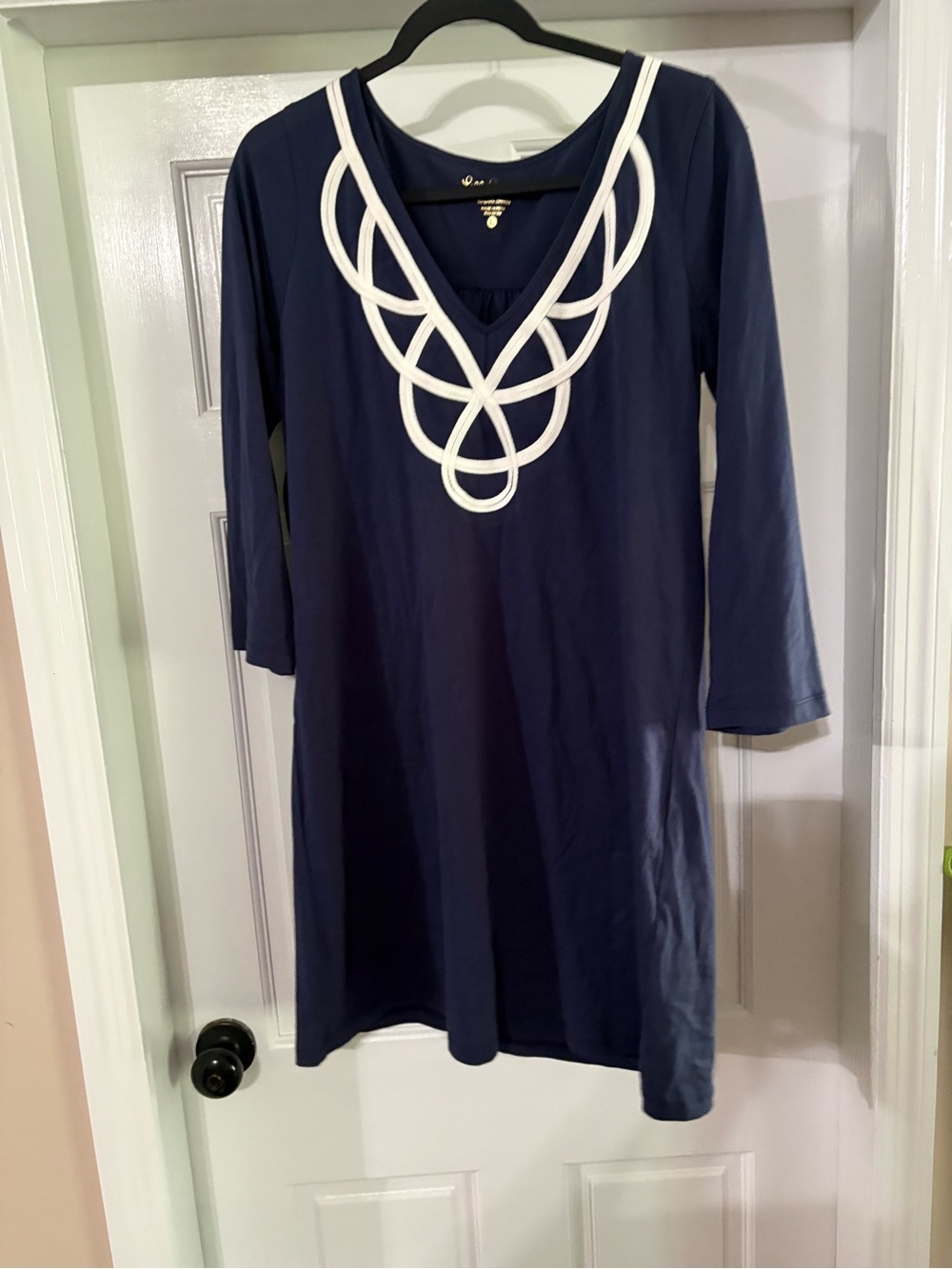 Lilly Pulitzer Blaire Dress L Navy White Embroidered Neck Pima Cotton Tunic